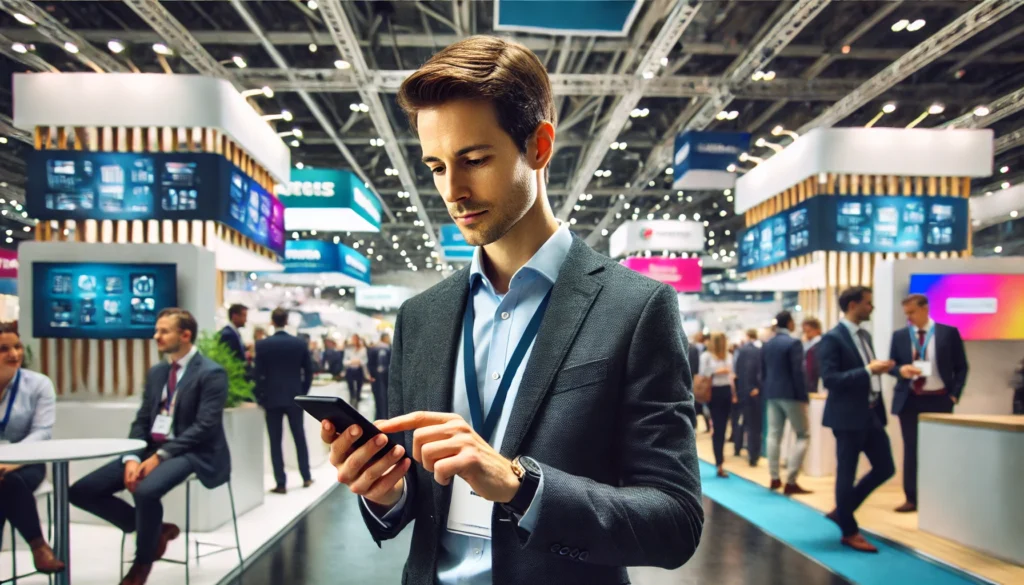 tradeshow-geofence-advertising Image shows a professional at a business conference looking at his phone and being advertised to with Geofence Event Targeting by Shared Audiences
